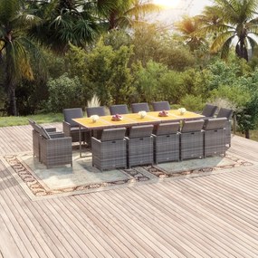 vidaXL 15 pcs conjunto jantar p/ jardim c/ almofadões vime PE cinzento