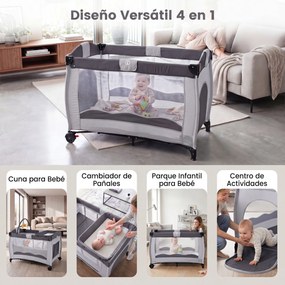 Berço de Viagem para Bebé, 127 x 74 x 90,5 cm, Multifuncional 4 em 1, Cinzento