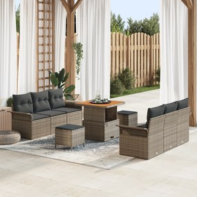 Conjunto de Sofá de Jardim de 9 Peças com Almofadas Cinza Vime Acácia