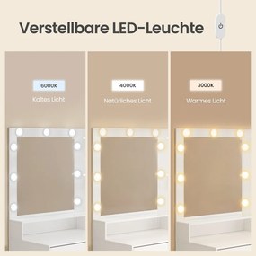 Toucador com espelho 40 x 80 x 144,3 cm, iluminação, base de carregamento e 2 gavetas, branco