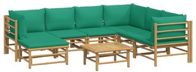 8 pcs conjunto lounge de jardim bambu c/ almofadões verdes