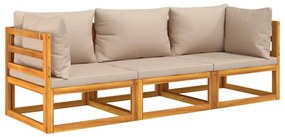 3pcs conj. lounge jardim madeira c/almofadões cinza-acastanhado