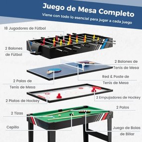 Mesa multi-jogo 4 em 1 Mesa de futebol de mesa 4 em 1 125 cm com bilhar, hóquei no ar e ténis de mesa com acessórios para salas de jogos de bar