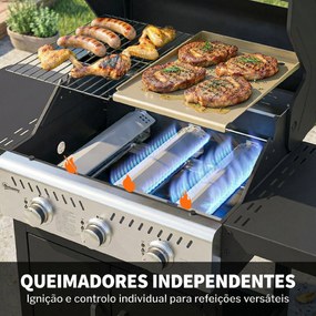 Grelhador a Gás Portátil com 3 Queimadores 7,5 kW Termómetro Mesas Laterais Dobráveis Armário Grelha Aquecedora Chapa 125x57x110 cm Preto