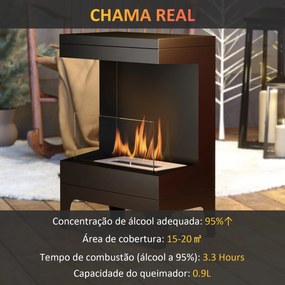 Lareira de Bioetanol com Depósito de 0,9L Apagador de Chamas de Aço Inoxidável Tempo de Combustão 3,3H para Interiores 15-20 m² 38x22x54 cm Preto