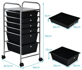 Carrinho com rodas auxiliar de armazenamento com 6 gavetas removíveis multiusos 34 x 43,5 x 76 cm Preto
