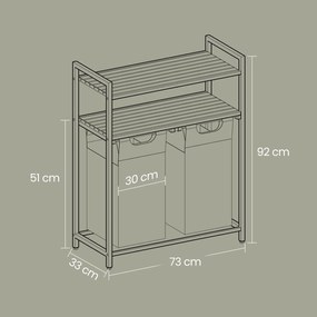 Cesto para roupa suja com 2 compartimentos com 2 prateleiras, saco extraível 73 x 33 x 92 cm castanho vintage-preto