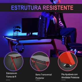 Mesa de Gaming com LED RGB Secretária de Computador com Porta Copos Gancho para Fone de Ouvido Suporte para Controle Gamepad e Luz com Controle Remoto