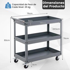 Carrinho utilitário de 3 níveis de alta capacidade metal 77,5 x 38 x 79 cm com 3 prateleiras e pega ergonómica Rodas para escritório Garagem Cinza