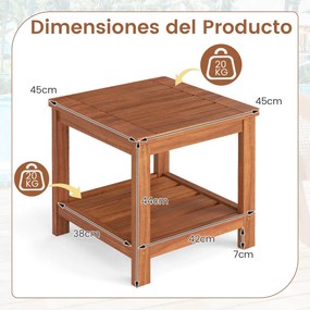 Mesa apoio jardim de 2 níveis em madeira maciça 45 x 45 x 44 cm, com prateleira de arrumação, pequena e quadrada, para pátio, jardim ou terraço Natura
