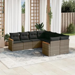 8 pcs conjunto sofás de jardim c/ almofadões vime PE cinzento