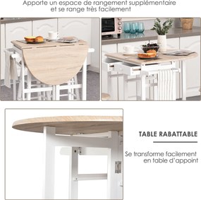 Conjunto de Mesa de Bar Dobrável com 2 Bancos, 83 x 74 x 83 cm, Com Rodas, Branco e Carvalho Claro