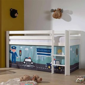 Cama alta de Criança PINO 90 x 200 cm + estrado + escada + cortina Policia Branca