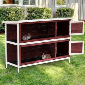 PawHut Coelheira de Madeira Exterior de 2 Níveis Gaiola para Coelhos com Teto Asfáltico 4 Portas e Bandejas Removíveis 136x50x93cm Marrom