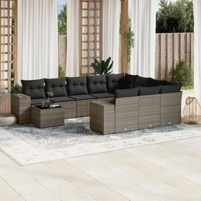 11 pcs conjunto sofás de jardim c/ almofadões vime PE cinzento