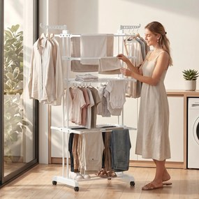 Estendal de roupa dobrável de 5 níveis com Rodas, estendal de roupa para interior com abas laterais, estrutura em aço, branco