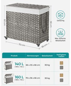 Cesto roupa suja com 3 compartimentos 160 Litros 70 x 36 x 66 cm cinzento