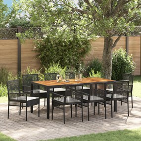 vidaXL Conjunto de Jantar de Jardim com Almofadas Preto Poliratã