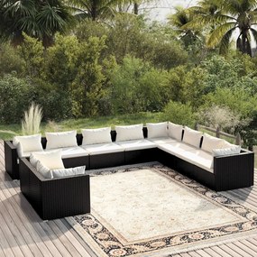 vidaXL 10 pcs conjunto lounge de jardim c/ almofadões vime PE preto