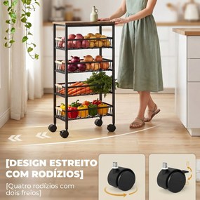 Carrinho Auxiliar com Rodas 4 Cestos Amovíveis 15 kg Estrutura Metálica para Sala de Jantar 40x24x81,5 cm Castanho Rústico