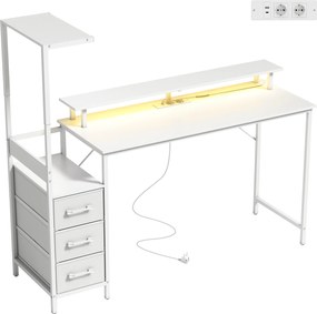 HOMCOM Mesa Gaming 147 cm Mesa para Computador com Suporte para CPU Ajustável e Reversível Luzes RGB e 3 Gavetas em Tecido Branco | Aosom Portugal