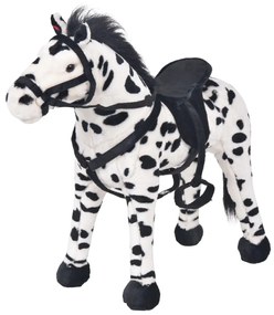91326 vidaXL Brinquedo de montar cavalo peluche preto e branco XXL