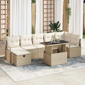 Conjunto de Sofá de Jardim de 8 Peças com Almofadas Bege Rattan Poliéster