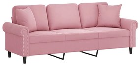 Sofá 3 lugares c/ almofadas decorativas 180 cm veludo rosa