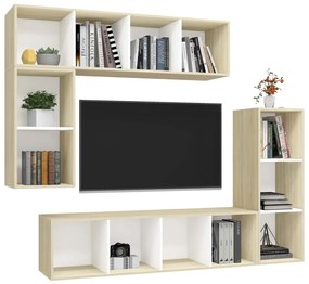 4 pcs conjunto móveis de TV contraplacado branco e carv. sonoma