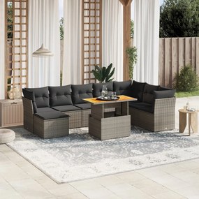 9 pcs conjunto sofás p/ jardim com almofadões vime PE cinzento