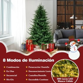 Árvore de Natal Artificial com 380 Luzes LED Brancas Quentes e 8 Modos de Luz 135 x 55 x 213 cm Verde