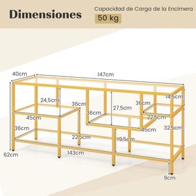 Móvel para TV até 65'' Retangular 147 x 40 x 62 cm ou Mesa apoio com Estantes de Vidro Temperado Centro de Entretenimento para Sala de Estar Dourada
