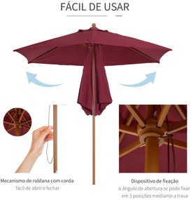 Chapéu de Sol Ø250x230cm Chapéu de Sol com Mastro de Madeira com 6 has