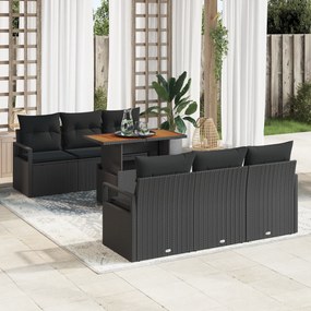 Conjunto de Sofás de Jardim vidaXL com Almofadas Rattan Poliéster Preto Acácia