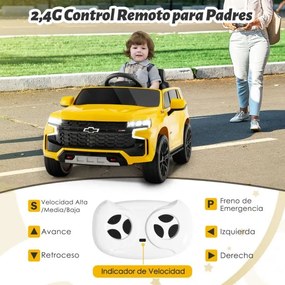 Carro elétrico com bateria de 12V Chevrolet Tahoe para crianças SUV com controlo remoto 2.4G Luzes de suspensão de mola Música Amarelo