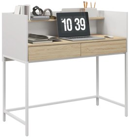 HOMCOM Secretária Moderna Mesa de Escritório com 2 Gavetas e Prateleira Mesa de Estudo 106x51,5x102,5 cm Branco e Carvalho