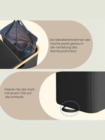Cesto para roupa suja com 2 compartimentos 52 x 38,5 x 75 cm, sacos para roupa suja removíveis com tampa preto