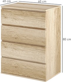 Cómoda de 4 gavetas, móvel de arrumação sem puxadores, design minimalista, 60 x 40 x 80 cm, natural