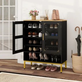 Sapateira com 5 níveis 70 x 35 x 93 cm e portas de malha Organizador moderno para sapatos em madeira com prateleiras ajustáveis e pés pretos