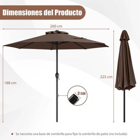 Guarda-sol 260 x 260 x 225 cm com alça giratória 8 varas Parte superior ventilada Proteção solar Café