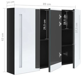 Armário espelhado casa de banho LED 89x14x62 cm preto brilhante