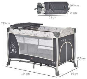 Berço de Viagem Dobrável para Bebés e Crianças até 15kg com 2 Rodas e Bolso Lateral Berço Portátil com Bolsa de Transporte 124x66x77,5cm Cinza