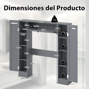 Estante sobre sanita 89 x 19,5 x 99 cm de casa de banho com prateleiras ajustáveis com suporte para papel higiênico Porta basculante Cinzenta