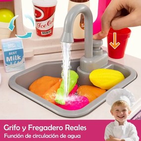 Cozinha de Brincar para crianças de canto com luzes e sons realistas Fogão com vapor Pia de brinquedo e 113 acessórios Rosa