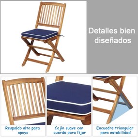 Conjunto 5 Peças Móveis Bistro de Madeira 2 Cadeiras com Almofada Mesa de Madeira de Acácia Mesa de Exterior Dobrável para Terraço Jardim Piscina Azul