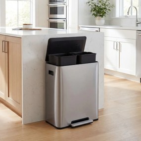 Cubo do lixo de 60 L para cozinha 54 x 34 x 67 cm com 2 compartimentos, tampa com pedal e alças laterais Prata