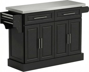 HOMCOM Ilha de Cozinha com Rodas Bancada de Aço Inoxidável 2 Gavetas 4 Portas e 2 Prateleiras Ajustáveis 145x45x93 cm Preto | Aosom Portugal