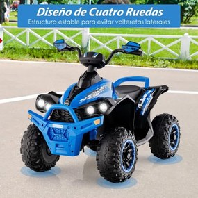 Moto 4 para crianças a bateria 12V com velocidade regulável Luzes LED Música Pedal 3-8 anos 94 x 60 x 73 cm Azul