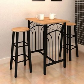 vidaXL Conjunto mesa e bancos de bar 3 pcs madeira e aço
