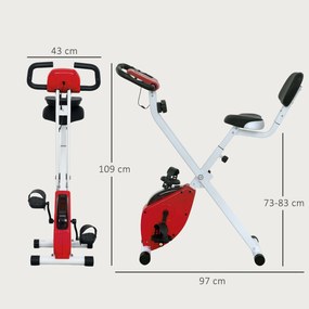 Bicicleta estática dobrável 8 níveis de resistência, encosto e selim ajustáveis, vermelha